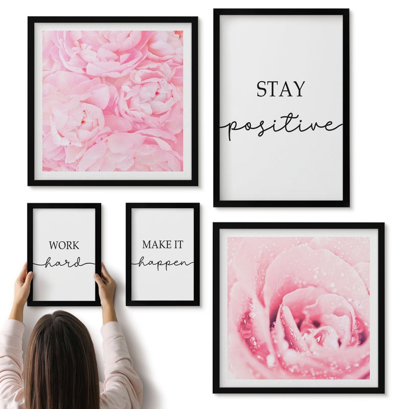 Galeria ścienna 5-częściowy komplet obrazów w czarnych ramach - Motywacyjne napisy z różowymi kwiatami do dekoracji wnętrz - ArtPrintCave