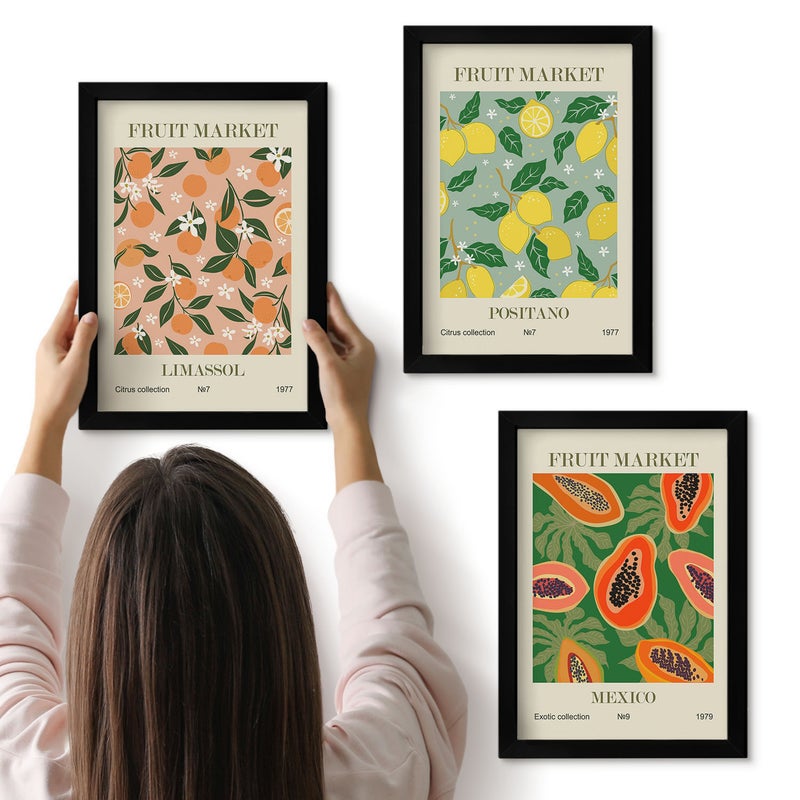 Galeria ścienna 3-częściowy komplet obrazów w czarnych ramach - Owoce cytrusowe i tropikalne w stylu retro - ArtPrintCave