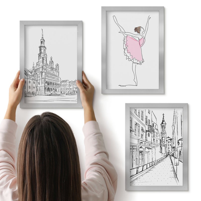 Galeria ścienna 3-częściowy komplet obrazów w srebrnych ramach - Stylowe obrazy z tańczącą baletnicą i architekturą - ArtPrintCave