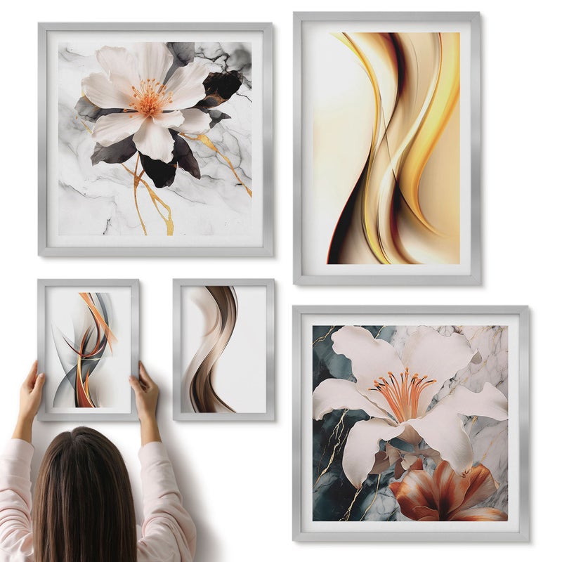 Galeria ścienna 5-częściowy komplet obrazów w srebrnych ramach - Stylowe abstrakcyjne kompozycje z kwiatowymi motywami - ArtPrintCave