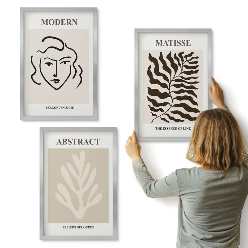 Galeria ścienna 3-częściowy komplet obrazów w srebrnych ramach - Twarz i liście ilustracje Henri Matisse - ArtPrintCave