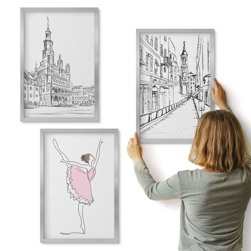 Galeria ścienna 3-częściowy komplet obrazów w srebrnych ramach - Stylowe obrazy z tańczącą baletnicą i architekturą - ArtPrintCave
