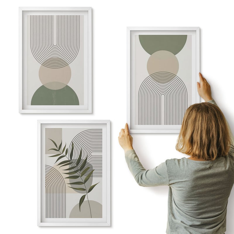 Galeria ścienna 3-częściowy komplet obrazów w białych ramach - Abstrakcyjne kształty w odcieniach zieleni i beżu - ArtPrintCave