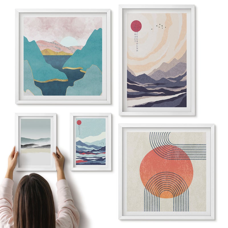 Galeria ścienna 5-częściowy komplet obrazów w białych ramach - Abstrakcyjne krajobrazy górskie i geometryczne formy - ArtPrintCave