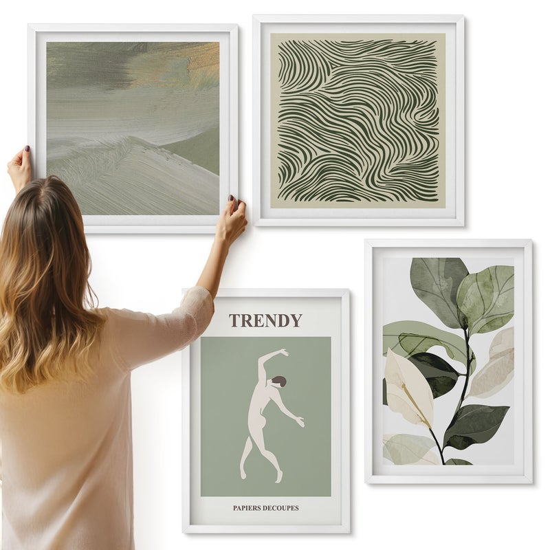 Galeria ścienna 4-częściowy komplet obrazów w białych ramach - Roślinne wzory z sylwetką i abstrakcyjnymi formami - ArtPrintCave