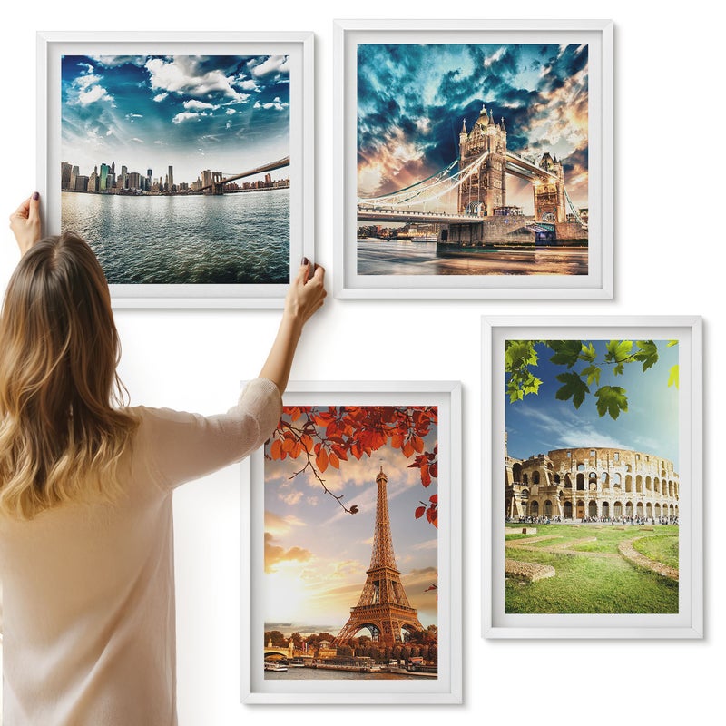 Galeria ścienna 4-częściowy komplet obrazów w białych ramach - Zabytki Europy w ciepłych kolorach krajobrazu - ArtPrintCave