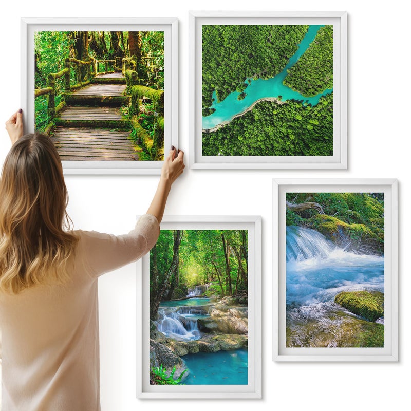 Galeria ścienna 4-częściowy komplet obrazów w białych ramach - Zielone lasy i krystaliczne wody rzeki - ArtPrintCave