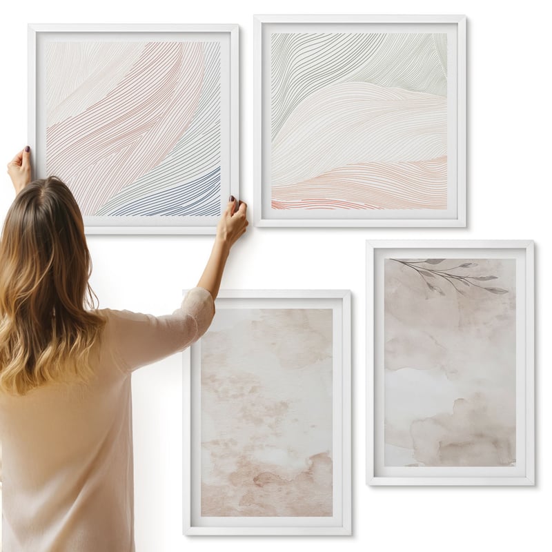 Galeria ścienna 4-częściowy komplet obrazów w białych ramach - Akwarelowe plamy i liście w pastelowych barwach - ArtPrintCave