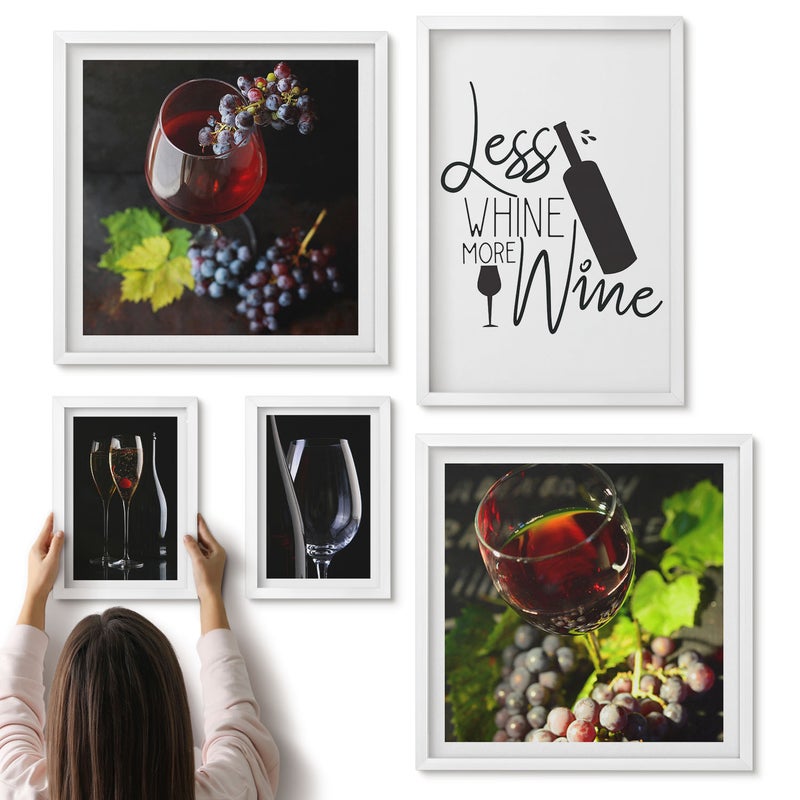 Galeria ścienna 5-częściowy komplet obrazów w białych ramach - Stylowe wino i akcesoria do degustacji win - ArtPrintCave