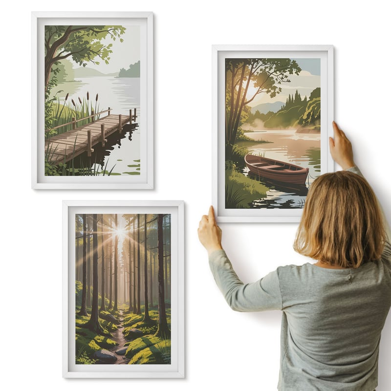 Galeria ścienna 3-częściowy komplet obrazów w białych ramach - Spokojne krajobrazy lasu i jeziora z łódką - ArtPrintCave