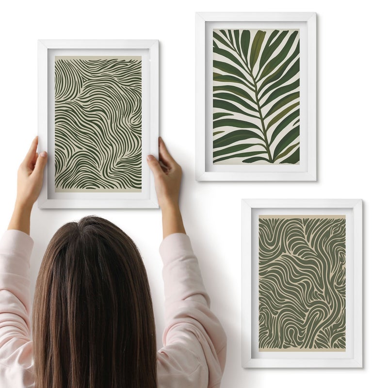Galeria ścienna 3-częściowy komplet obrazów w białych ramach - Wzory abstrakcyjne z liśćmi i falistymi kształtami - ArtPrintCave