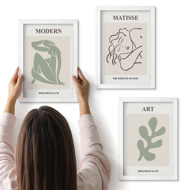 Galeria ścienna 3-częściowy komplet obrazów w białych ramach - Stylowe postacie i rośliny w minimalistycznym designie - ArtPrintCave