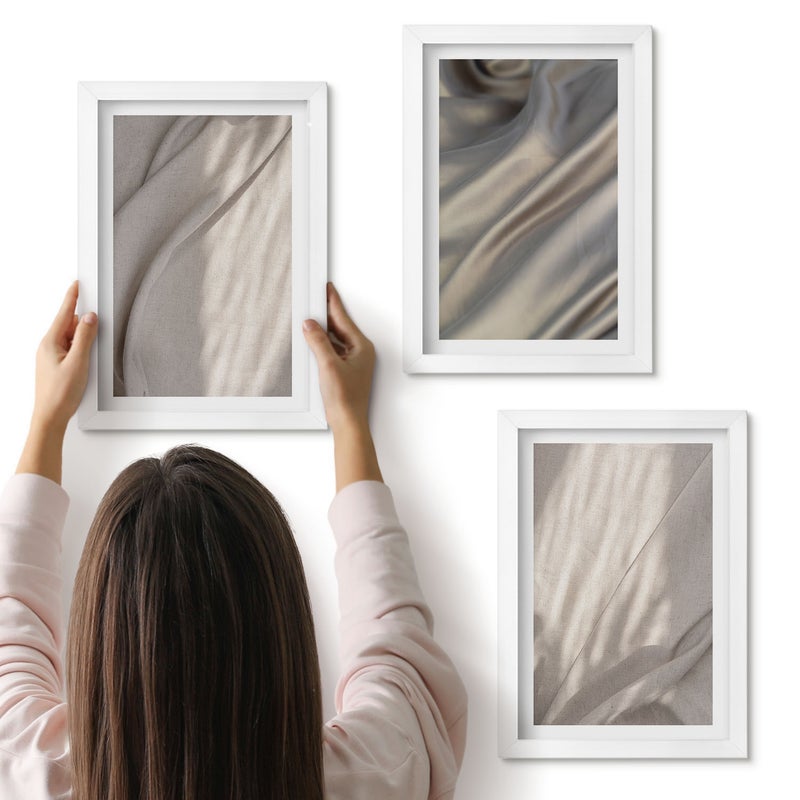 Galeria ścienna 3-częściowy komplet obrazów w białych ramach - Naturalne tkaniny struktury w zbliżeniua boho - ArtPrintCave