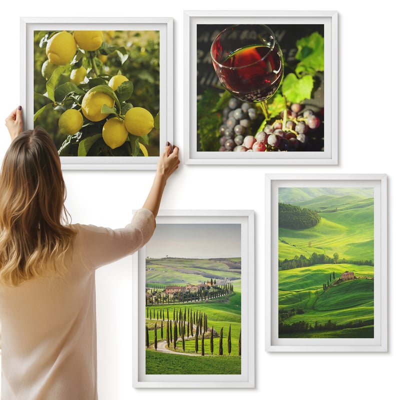 Galeria ścienna 4-częściowy komplet obrazów w białych ramach - Włoskie krajobrazy z cytrusami i zielonymi wzgórzami - ArtPrintCave