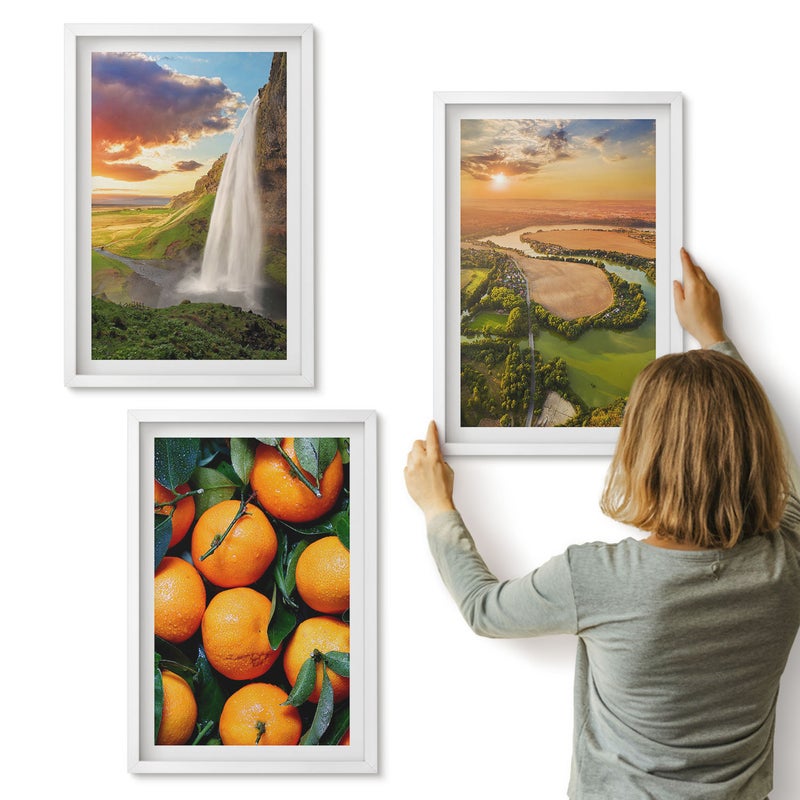 Galeria ścienna 3-częściowy komplet obrazów w białych ramach - Wodospad góry pomarańcze Włoski krajobraz z zachodem - ArtPrintCave