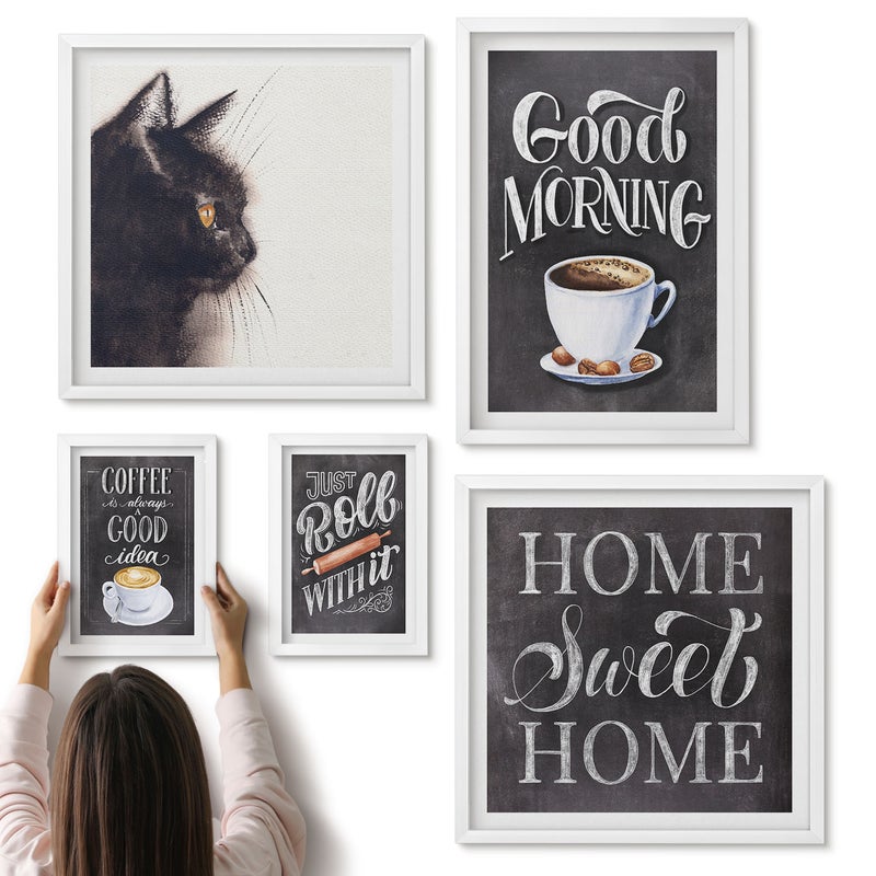 Galeria ścienna 5-częściowy komplet obrazów w białych ramach - Kawowe inspiracje z kotem i pozytywnymi hasłami - ArtPrintCave