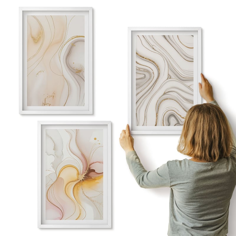 Galeria ścienna 3-częściowy komplet obrazów w białych ramach - Abstrakcyjne ciepłe wzory eleganckie motywy - ArtPrintCave