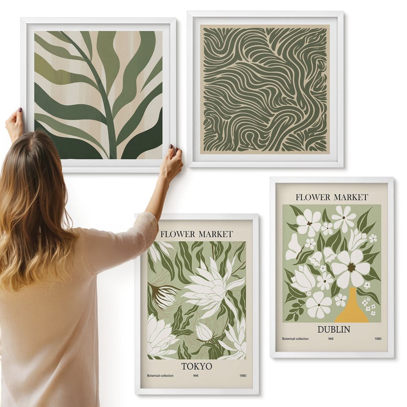 Galeria ścienna 4-częściowy komplet obrazów w białych ramach - Roślinne wzory botaniczne dekoracje styl boho - ArtPrintCave