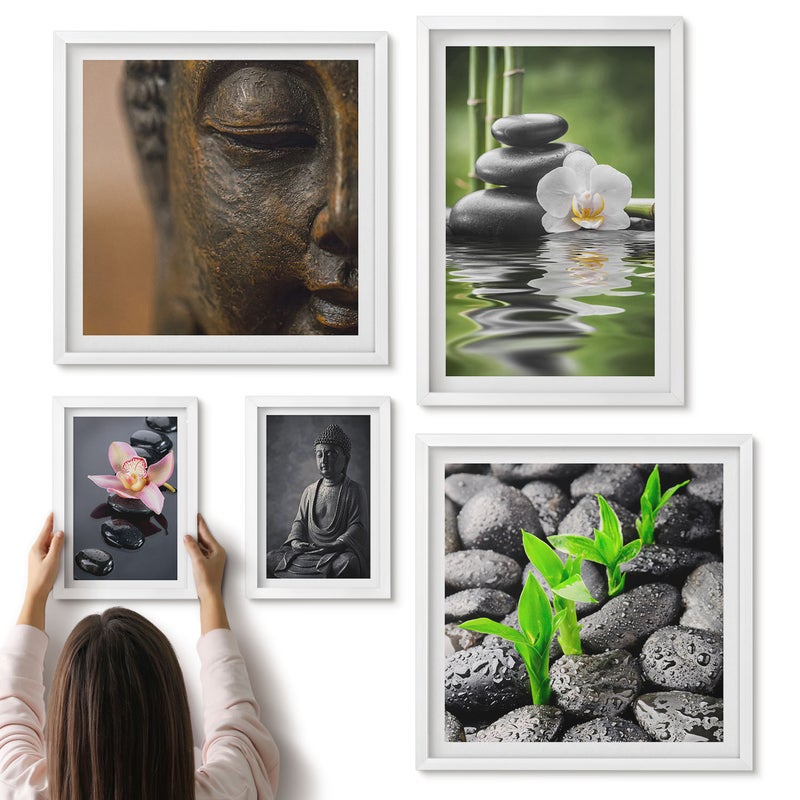 Galeria ścienna 5-częściowy komplet obrazów w białych ramach - Relaksująca atmosfera zen z kamieniami i kwiatami - ArtPrintCave