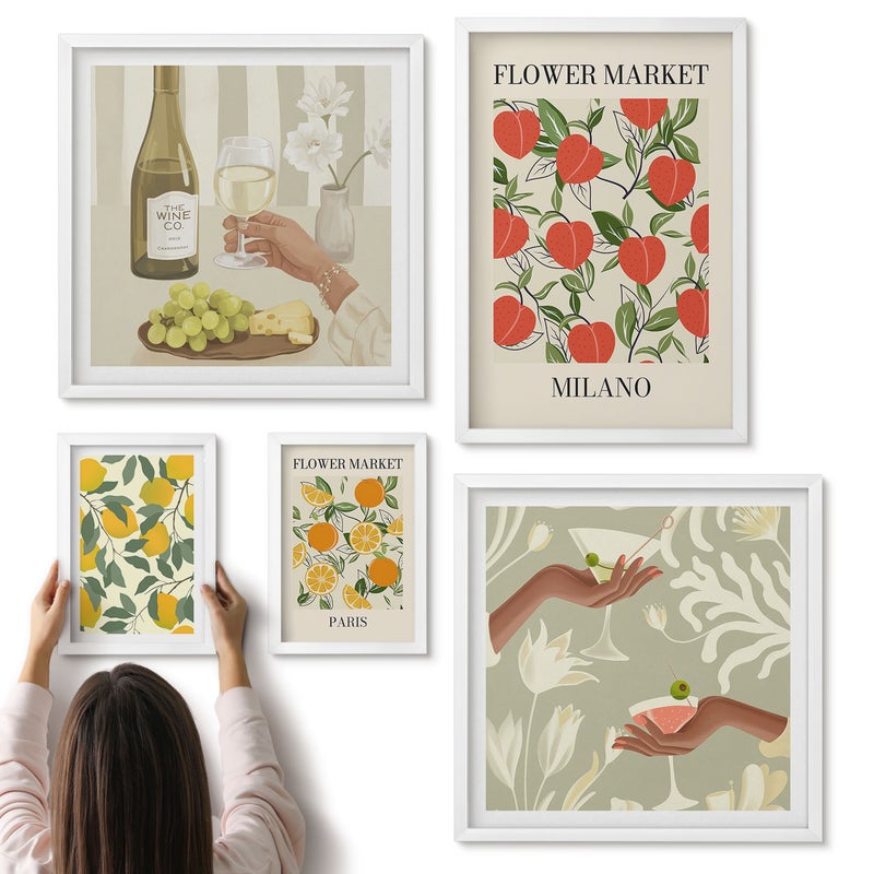 Galeria ścienna 5-częściowy komplet obrazów w białych ramach - Kwiatowe targi owoce w stylu vintage z miast europejskich - ArtPrintCave
