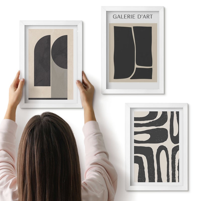 Galeria ścienna 3-częściowy komplet obrazów w białych ramach - Abstrakcyjne kształty minimalistyczne postery - ArtPrintCave