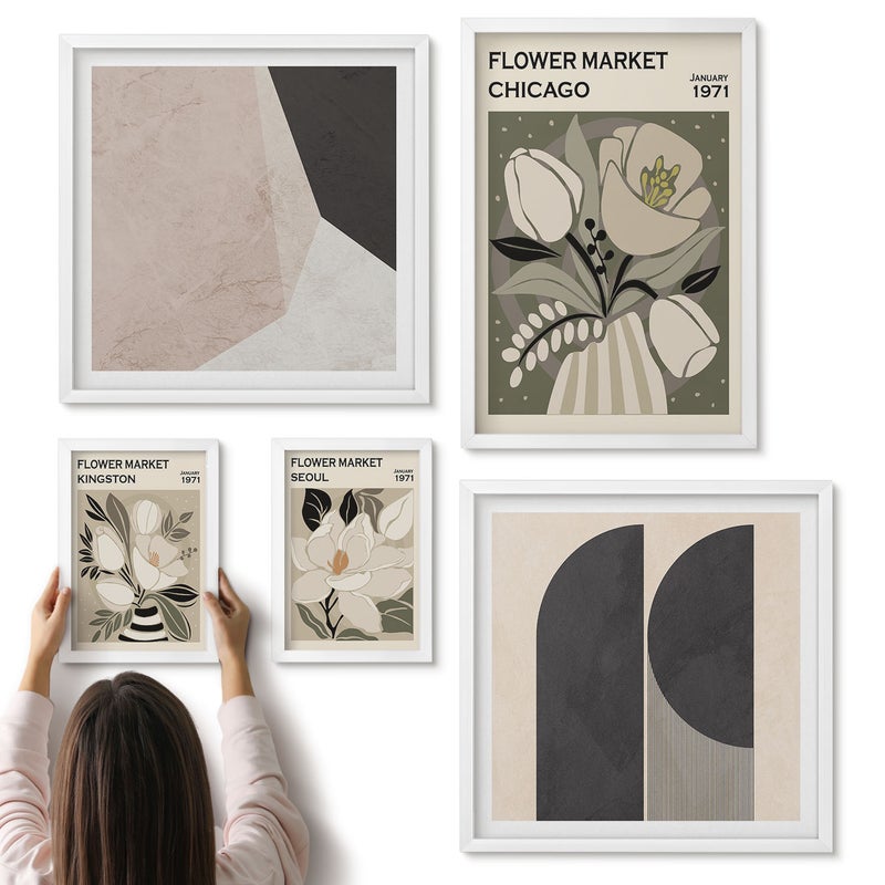 Galeria ścienna 5-częściowy komplet obrazów w białych ramach - Stylowe kompozycje z motywem kwiatowym i geometrycznym - ArtPrintCave