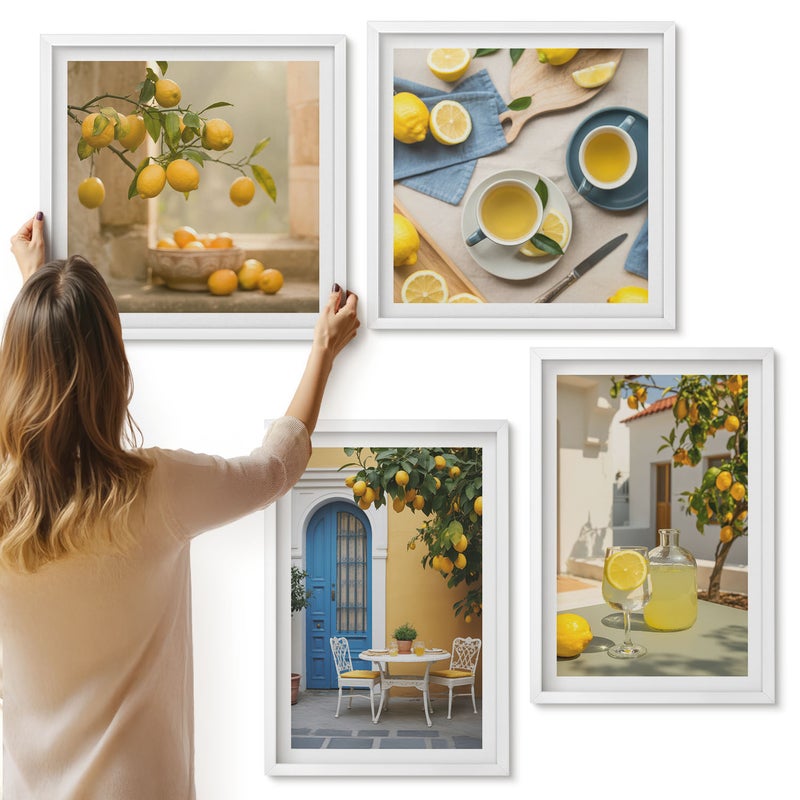 Galeria ścienna 4-częściowy komplet obrazów w białych ramach - Cytryny lemoniada niebieskich drzwi letnie widoki - ArtPrintCave