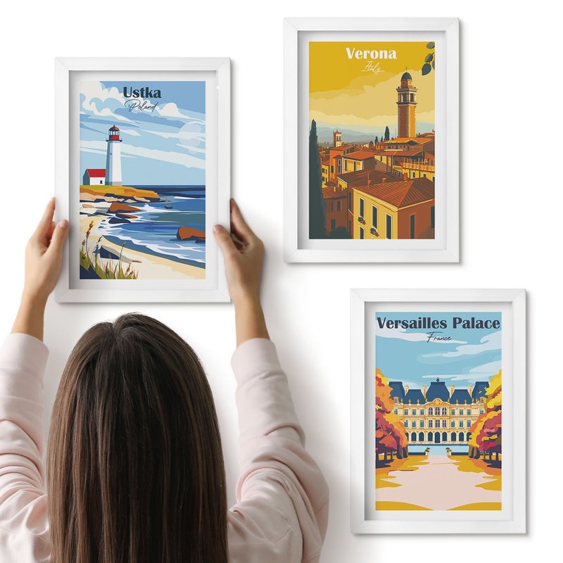 Galeria ścienna 3-częściowy komplet obrazów w białych ramach - Widoki znanych miejsc nad morzem i w miastach - ArtPrintCave