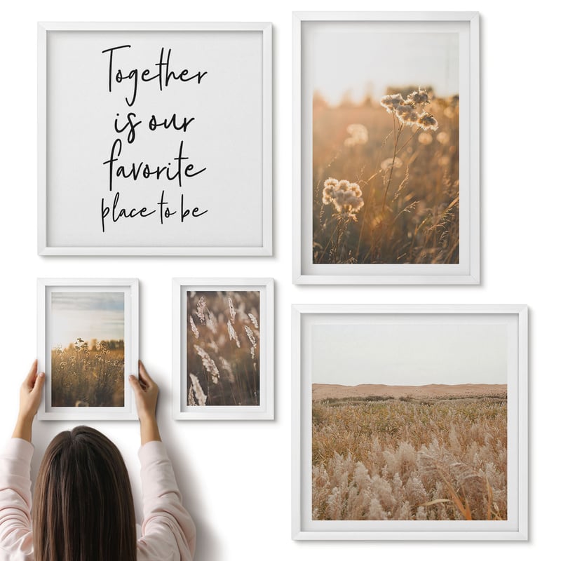 Galeria ścienna 5-częściowy komplet obrazów w białych ramach - Naturalne pejzaże z kwiatami i inspirującymi sentencjami - ArtPrintCave