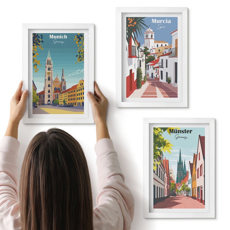 Galeria ścienna 3-częściowy komplet obrazów w białych ramach - Miasta Europy w kolorowych ilustracjach - ArtPrintCave