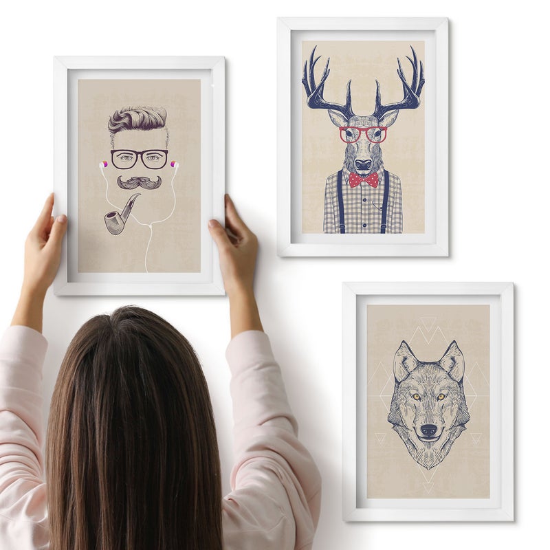Galeria ścienna 3-częściowy komplet obrazów w białych ramach - Stylowe portrety zwierząt i mężczyzny - ArtPrintCave