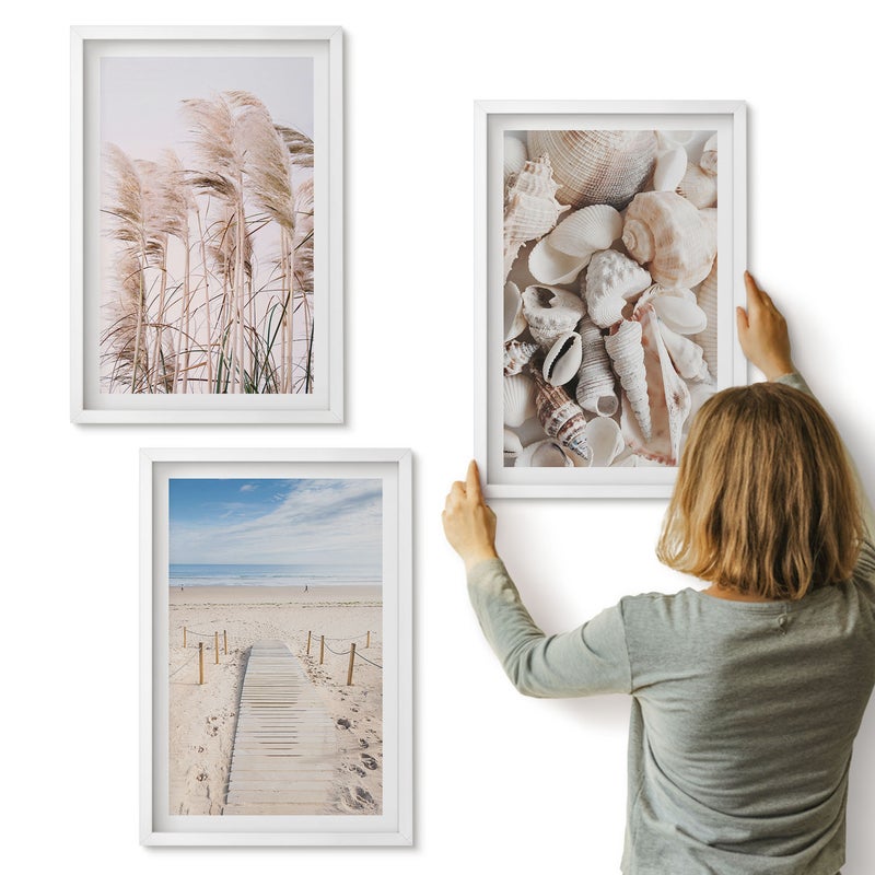 Galeria ścienna 3-częściowy komplet obrazów w białych ramach - Piaszczysta plaża z muszlami i trawą nadmorską - ArtPrintCave