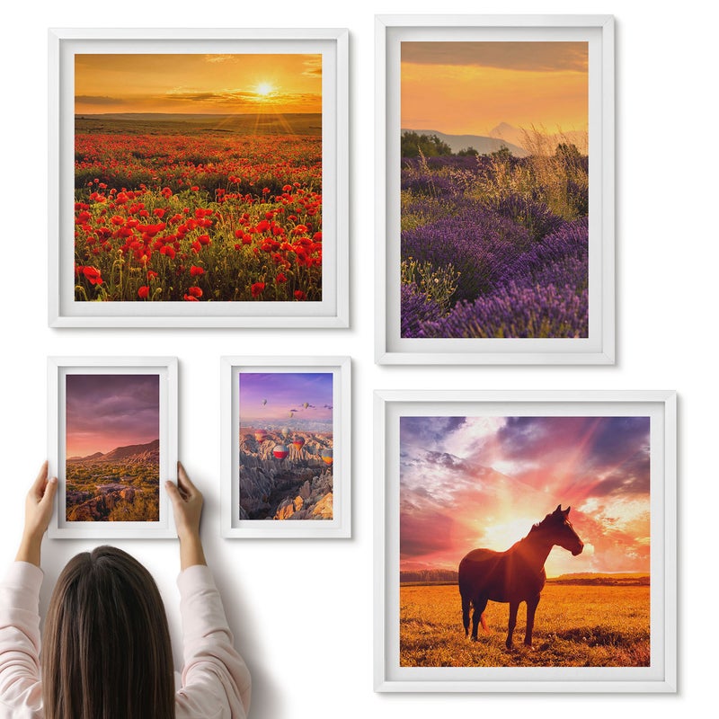 Galeria ścienna 5-częściowy komplet obrazów w białych ramach - Krajobrazy natury z końmi i kwiatami w plenerze - ArtPrintCave