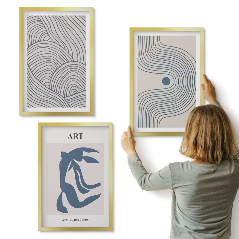 Galeria ścienna 3-częściowy komplet obrazów w złotych ramach - Abstrakcyjne wzory linii i kształtów w odcieniach niebieskiego - ArtPrintCave