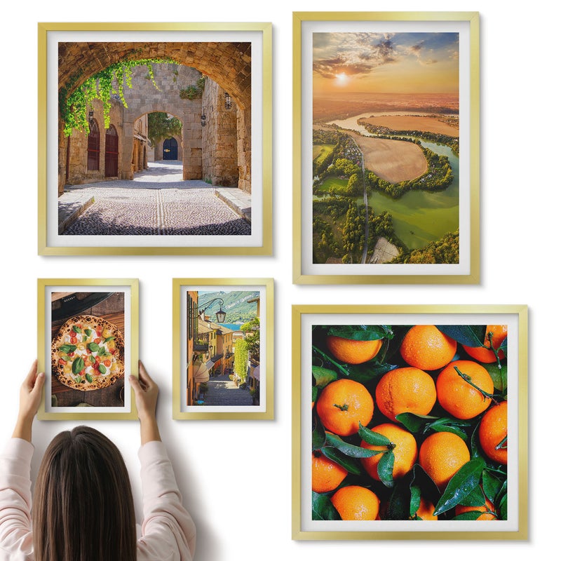 Galeria ścienna 5-częściowy komplet obrazów w złotych ramach - Krajobrazy natury z widokami na włoskie smaki - ArtPrintCave