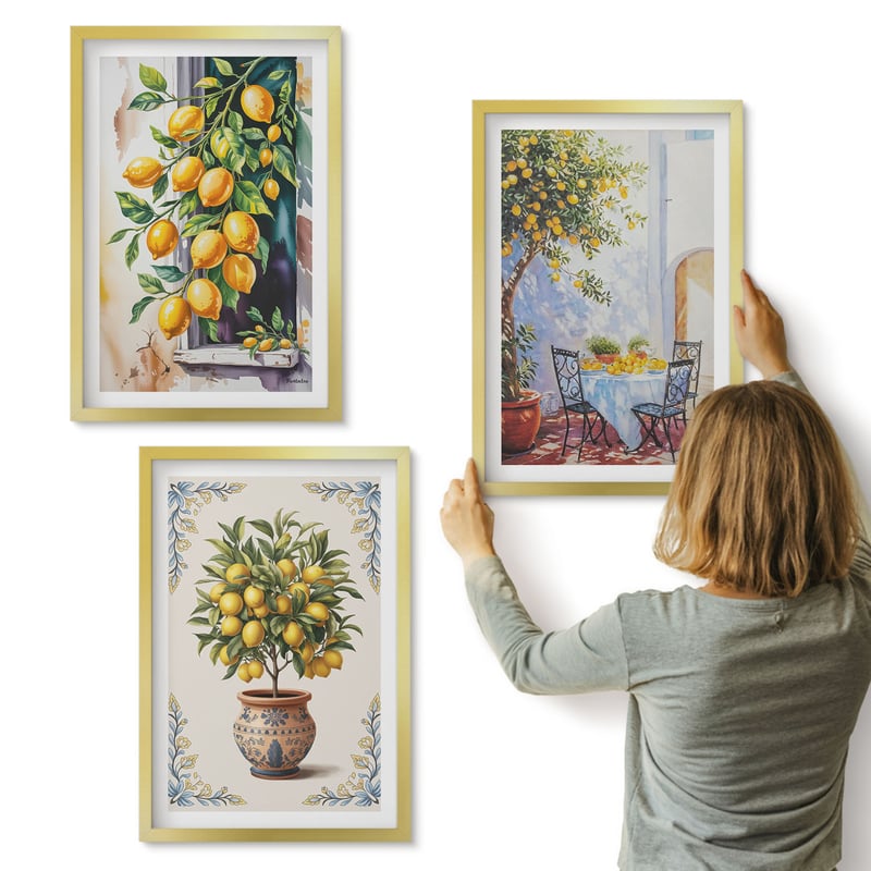 Galeria ścienna 3-częściowy komplet obrazów w złotych ramach - Cytrynowe drzewa i owoce w słonecznej scenerii - ArtPrintCave