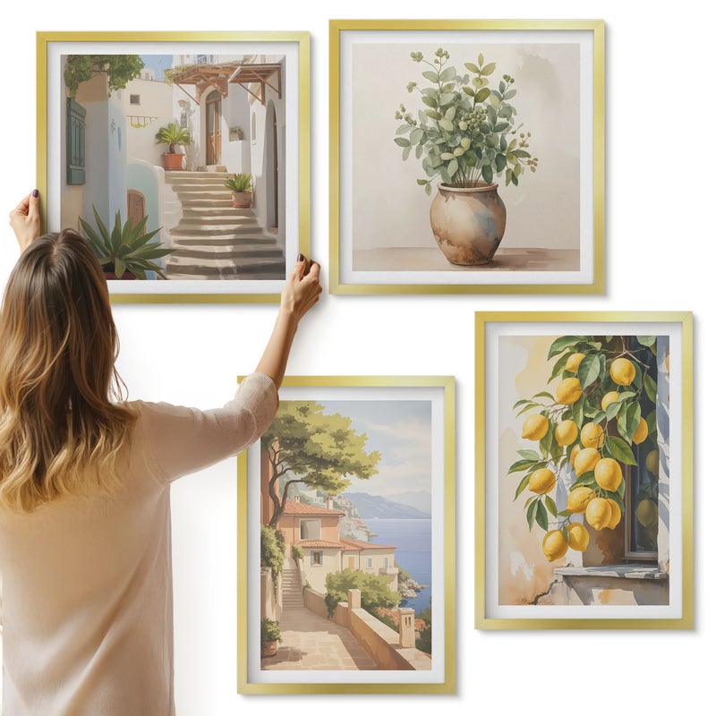 Galeria ścienna 4-częściowy komplet obrazów w złotych ramach - Kwiaty w wazonie widok na morze i cytryny - ArtPrintCave