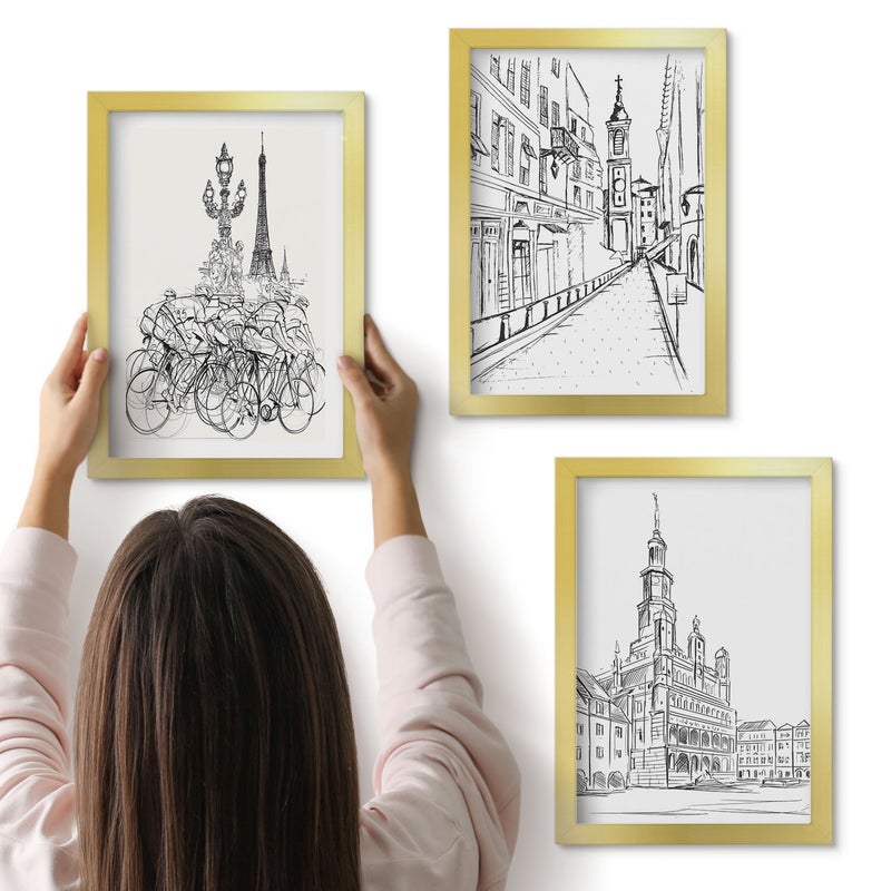 Galeria ścienna 3-częściowy komplet obrazów w złotych ramach - Proste rysunki miejskich widoków - ArtPrintCave