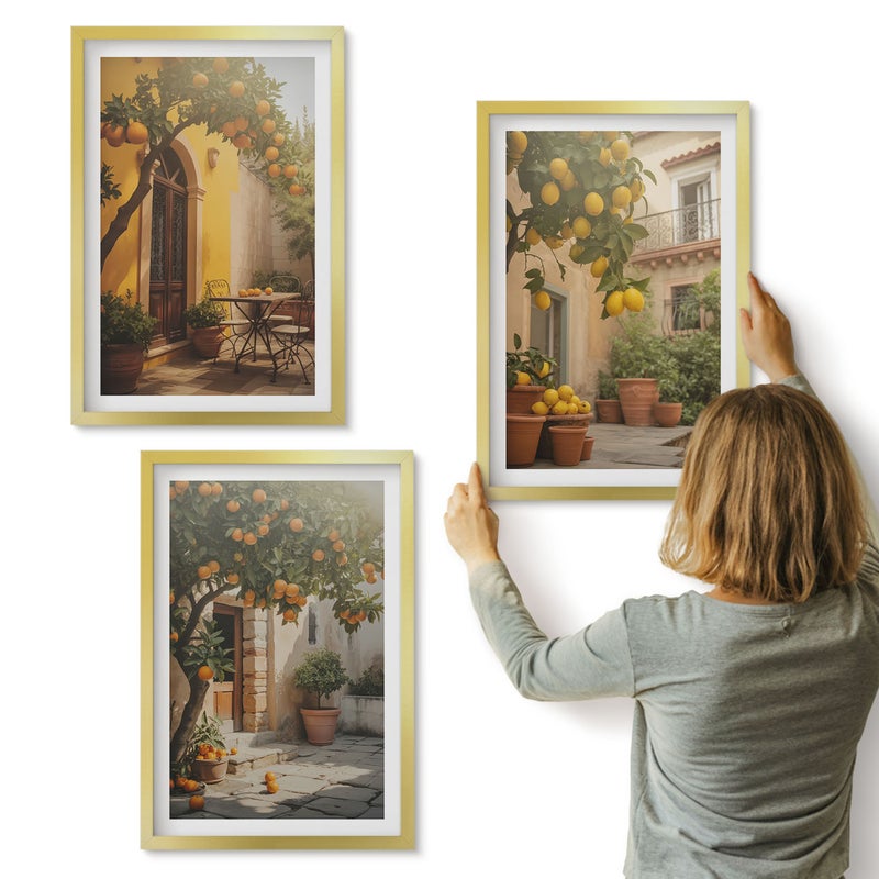 Galeria ścienna 3-częściowy komplet obrazów w złotych ramach - Słoneczne patio z drzewami cytrusowymi i doniczkami - ArtPrintCave