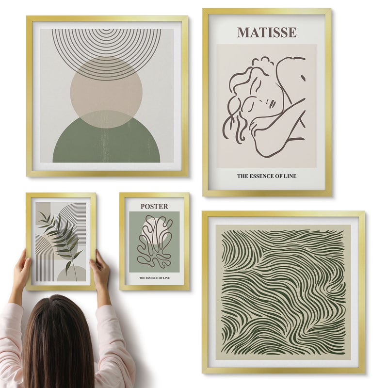 Galeria ścienna 5-częściowy komplet obrazów w złotych ramach - Minimalistyczne kompozycje z motywami roślinnymi i liniami - ArtPrintCave