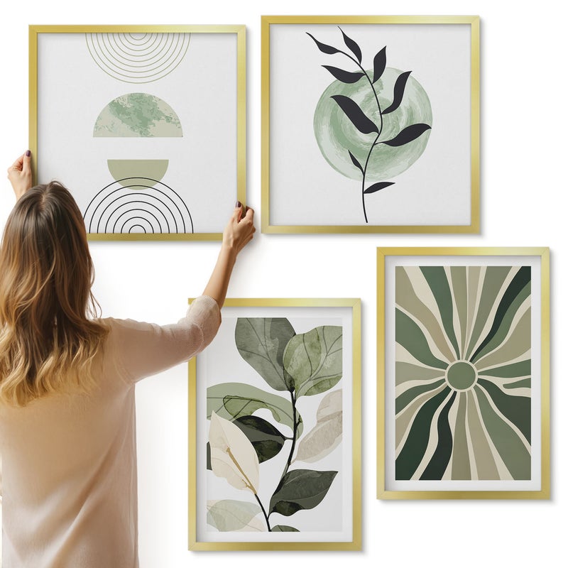 Galeria ścienna 4-częściowy komplet obrazów w złotych ramach - Roślinne motywy z geometrycznymi kształtami w zieleni - ArtPrintCave