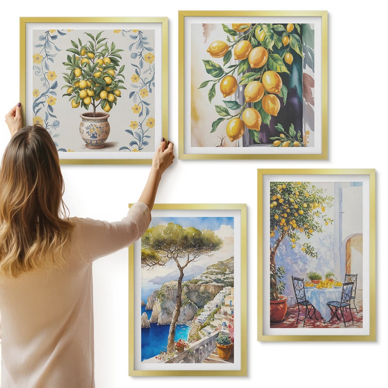 Galeria ścienna 4-częściowy komplet obrazów w złotych ramach - Drzewa cytrynowe i malowane nadmorskie widoki - ArtPrintCave
