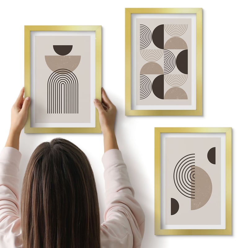 Galeria ścienna 3-częściowy komplet obrazów w złotych ramach - Abstrakcyjne wzory geometryczne minimalizm - ArtPrintCave