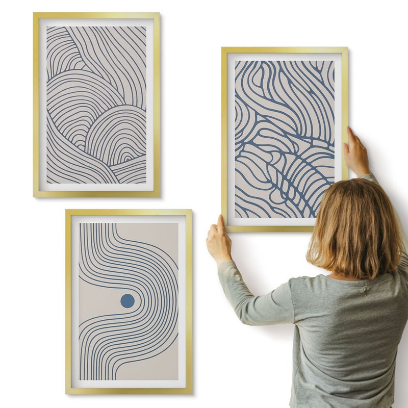 Galeria ścienna 3-częściowy komplet obrazów w złotych ramach - Abstrakcyjne linie dekoracyjne kształty fal - ArtPrintCave