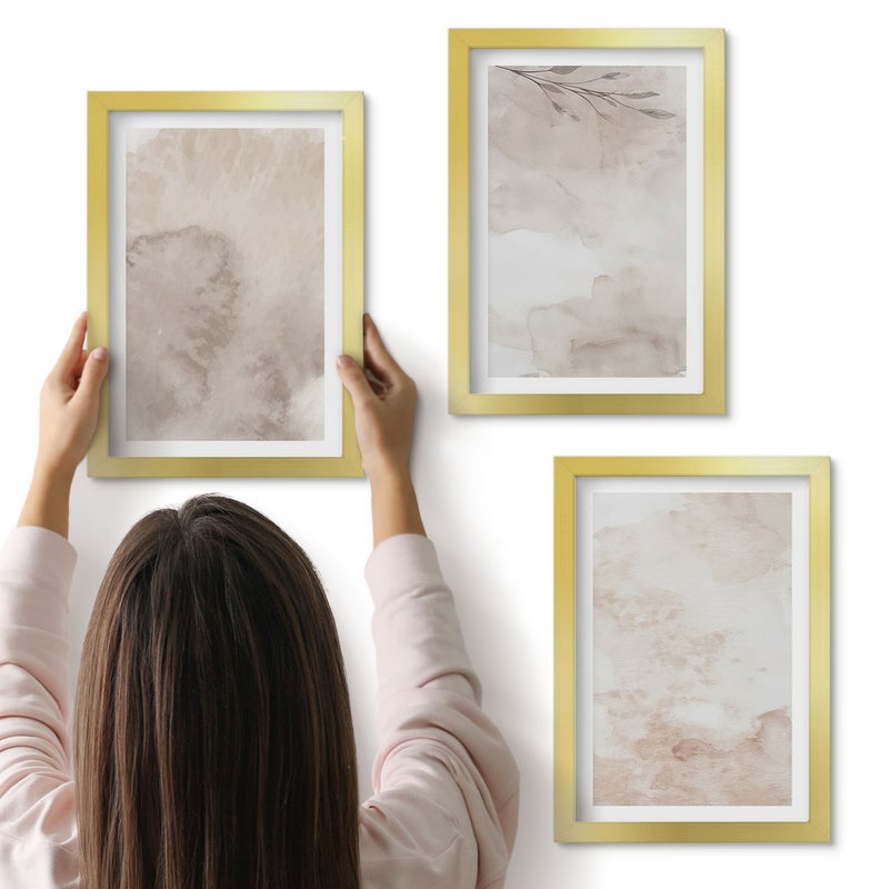 Galeria ścienna 3-częściowy komplet obrazów w złotych ramach - Rozlane farby akwarelowe tekstury styl boho - ArtPrintCave