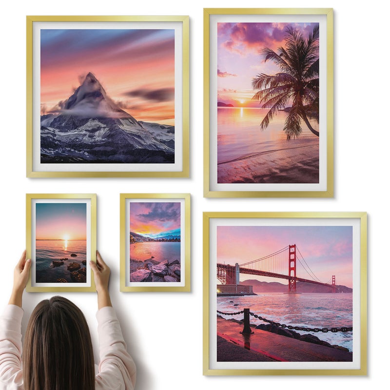 Galeria ścienna 5-częściowy komplet obrazów w złotych ramach - Krajobrazy nadmorskie z palmami i górskimi widokami - ArtPrintCave
