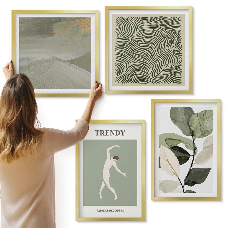 Galeria ścienna 4-częściowy komplet obrazów w złotych ramach - Roślinne wzory z sylwetką i abstrakcyjnymi formami - ArtPrintCave