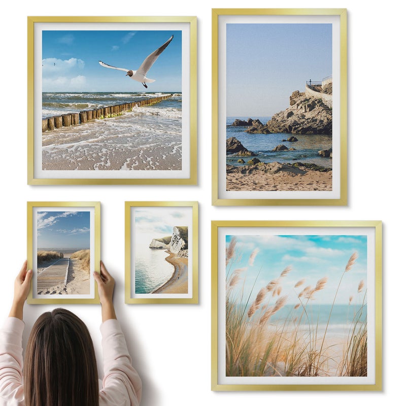 Galeria ścienna 5-częściowy komplet obrazów w złotych ramach - Nadmorskie pejzaże z plażami i spokojnymi wodami - ArtPrintCave
