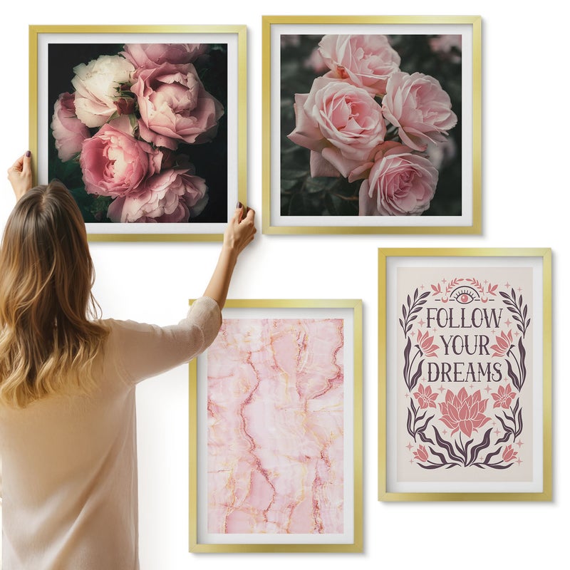 Galeria ścienna 4-częściowy komplet obrazów w złotych ramach - Vintage róże marmur napis o marzeniach - ArtPrintCave