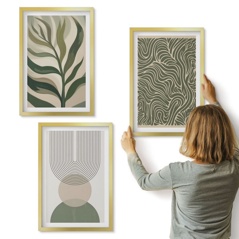 Galeria ścienna 3-częściowy komplet obrazów w złotych ramach - Liście i geometryczne kształty abstrakcja - ArtPrintCave